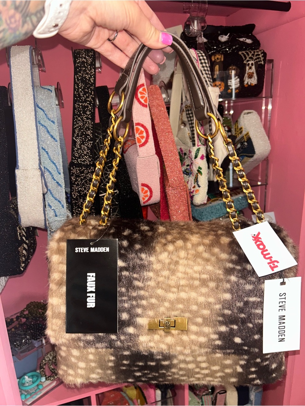 Steve Madden Brown Ombre Faux Fur Shoulder Bag with Gold Chain